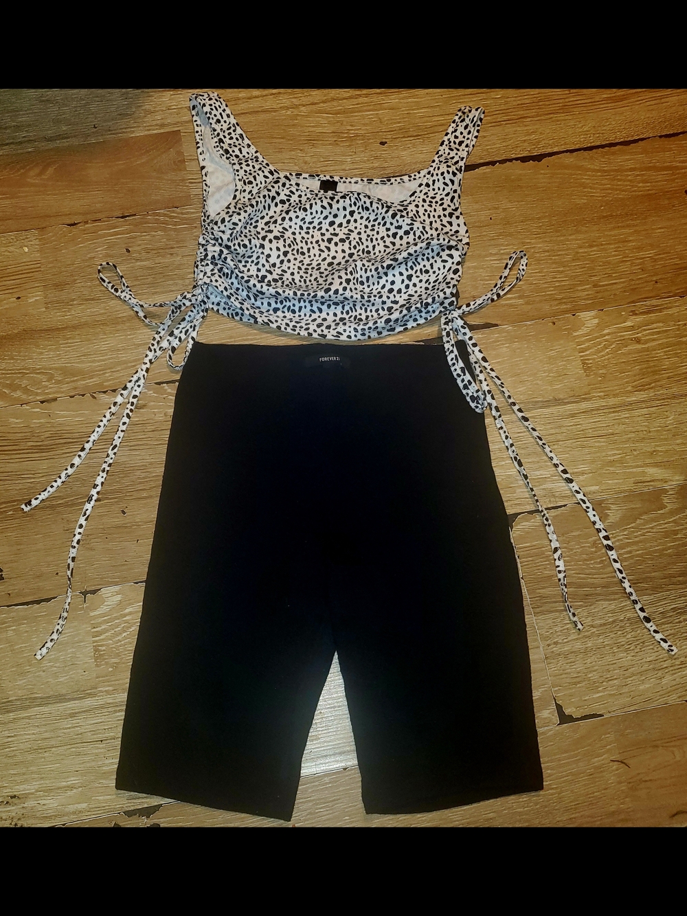 Forever 21 Black Embossed Flower High-Waist Bike Shorts & CheetahPrint Crop Tank